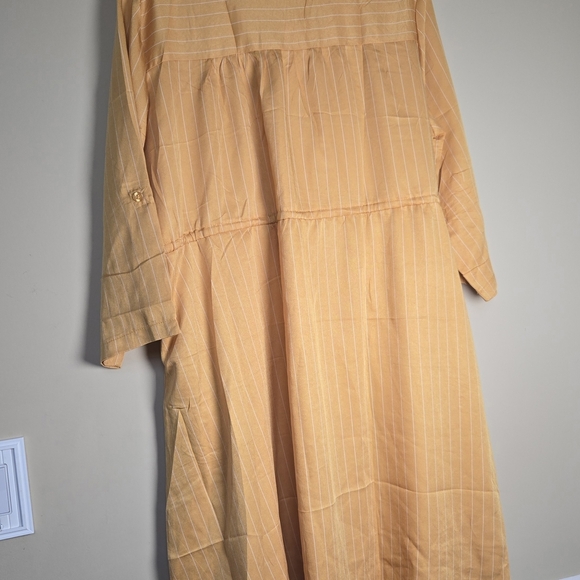 Golden Mustard 3/4 Sleeve Dress Cinch Waist Striped Midi - Picture 5 of 5
